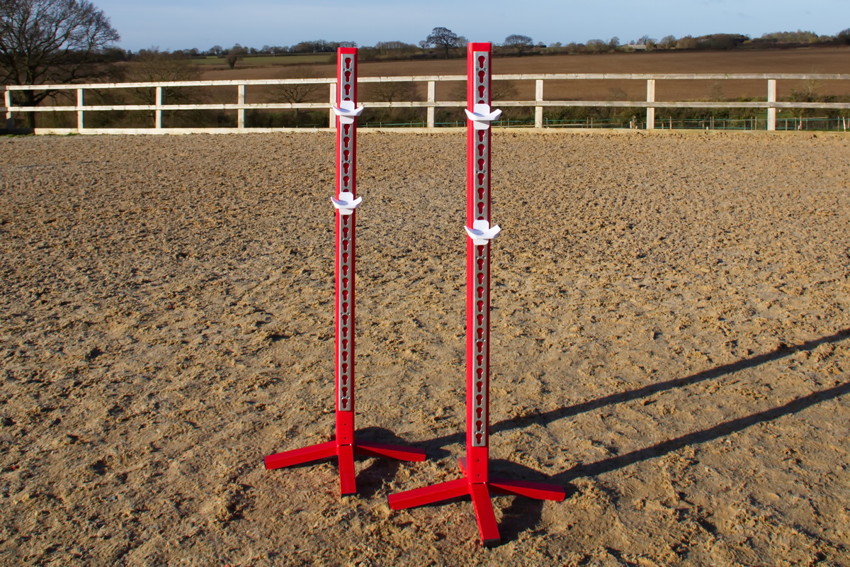 2 x 1.65m Showjump Stands With Metal Keyhole Tracks - Red, White & Blue